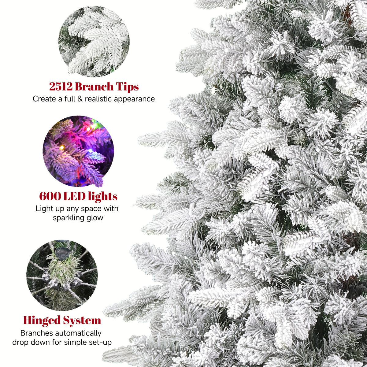 9ft Prelit Snow Flocked Artificial Christmas Tree with Multifunctional Remote, 8 Lighting Modes and 10 Brightness Musical Xmas Tree with Auto-Off Timer, 360 Degree Rotating Base Christmas Tree for Holiday Decorations
