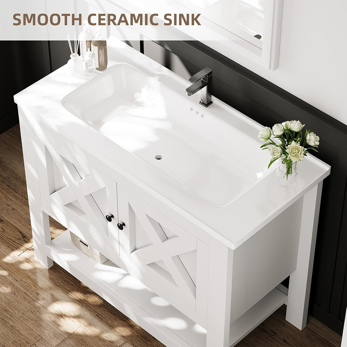 [Bathroom Vanity Cabinet] 4 Ever Winner 35-Inch Bathroom Vanity Cabinet With 2 Doors And Open Shelf, Country Style Bathroom Vanity With Sink, Black/White