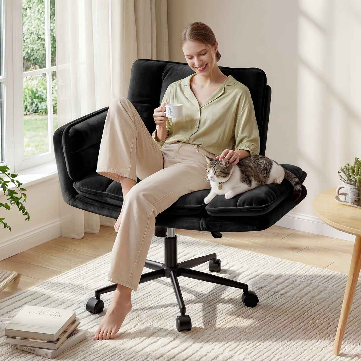 Office Criss Cross Chair with Wheels & Armrests, Comfy Wide Vanity Chair, Height Adjustable Computer Office Desk Chairs for Home, Makeup, Bedroom, Stable & Comfortable