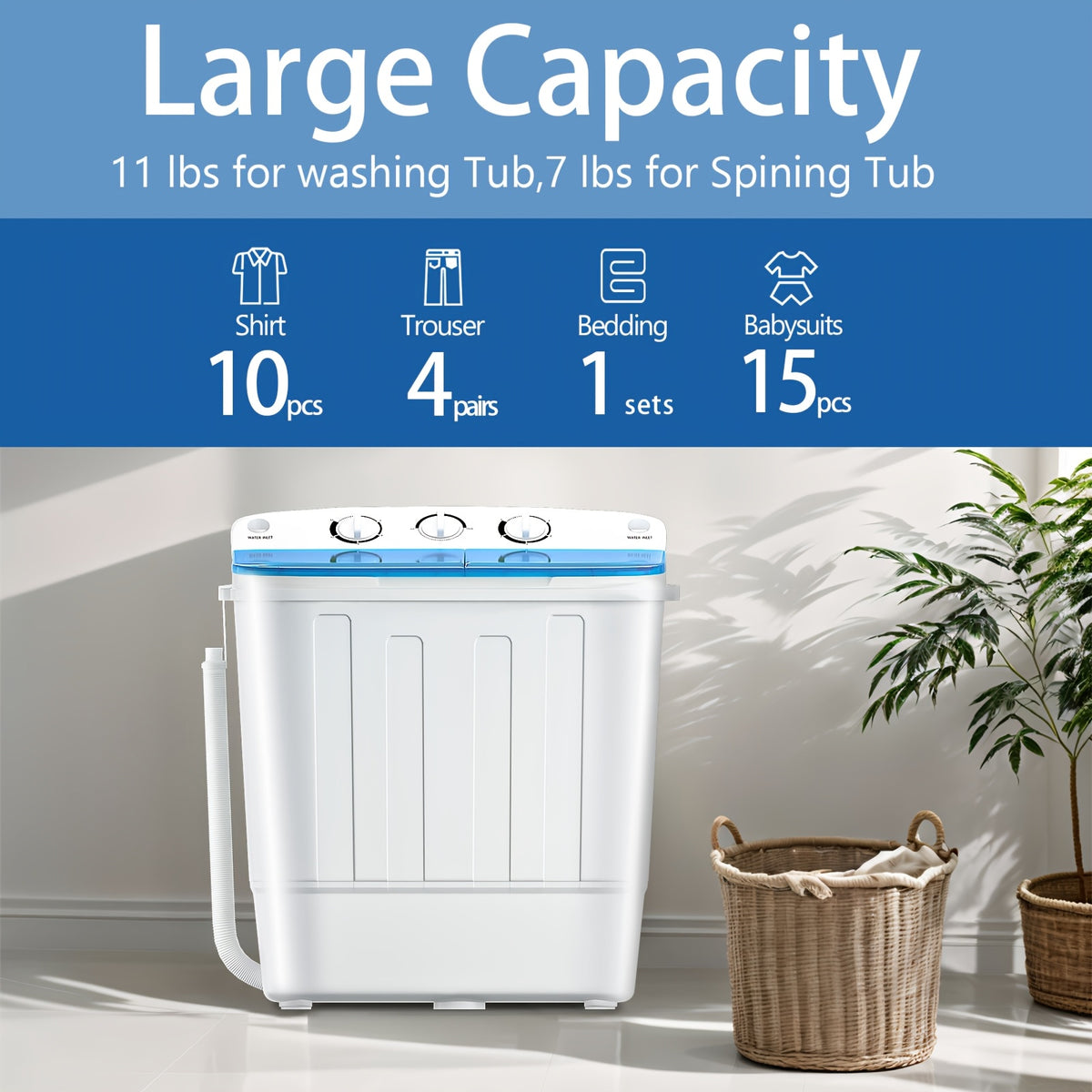 18Lbs Compact Mini Twin Tub Washing Machine with Drying Rack, 11Lbs Washer Mini Compact Laundry Machine And 7Lbs Spinner, 1300RPM, Convenient And Efficient for Dorms, Apartments