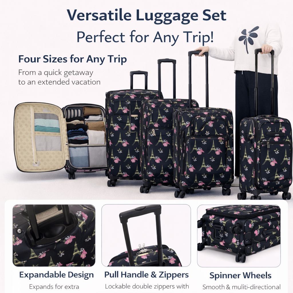 4-Piece Softside Spinner Luggage Set (20+24+28+32 inch) Lightweight Travel Suitcases with 360° Wheels, Telescopic Handle, Multi Pocket Design