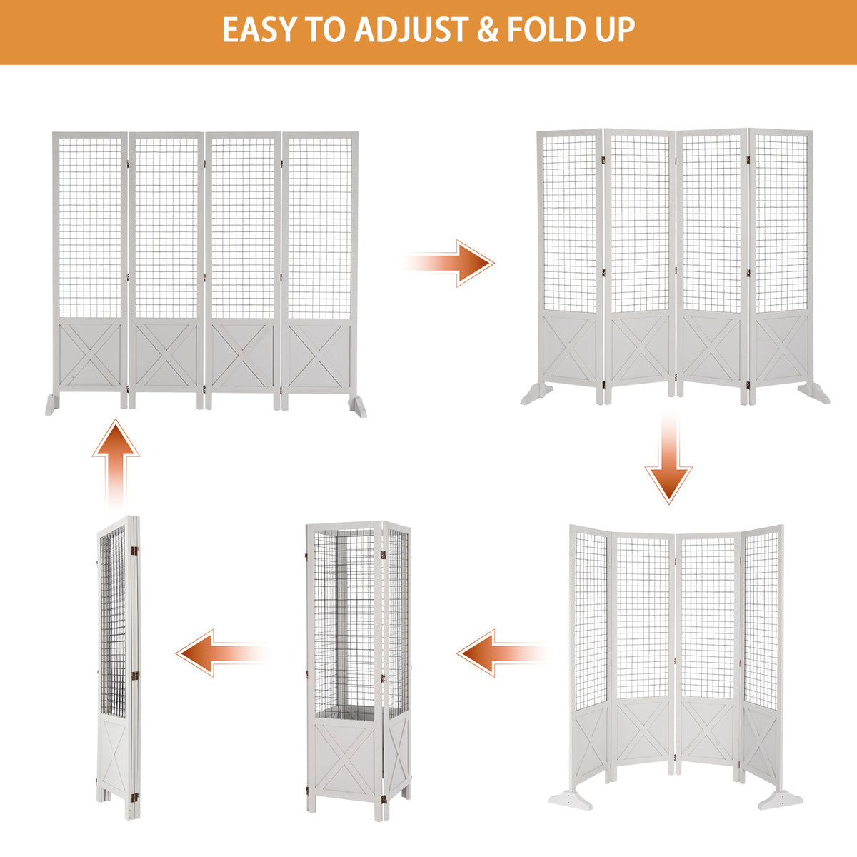 VINGLI Room Divider Freestanding Grid Wall, 4 Panel Folding Display Board Organizer with Base Feet, Decorative Wooden Frame Wire Grid Screens for Craft Shows Events Retail