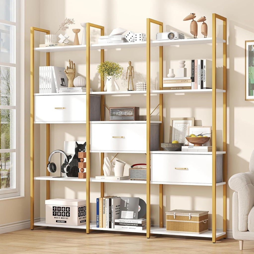 Semoic Triple Wide 6 Tiers Industrial Book Shelf with 3 Drawers and Storage Shelves, 73.6" Tall Bookcase with 16 Open Display Shelves, Large Etagere Bookshelf with Metal Frame for Home& Office, Golden
