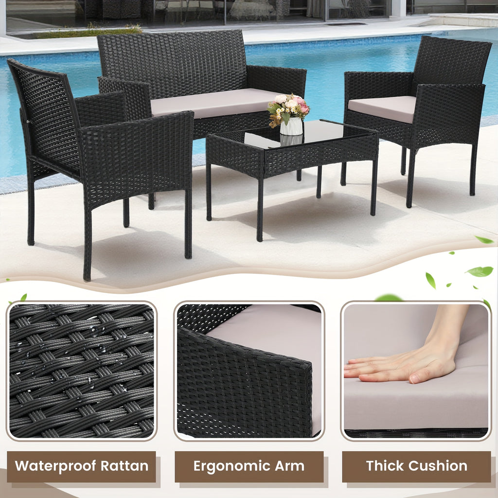 KROFEM 4pcs Wicker Bistro Furniture Set, Includes 2 Chairs with Water Resistant Cushions, Coffee Table, And Comfy Loveseat, Perfect for Any Outdoor Gathering