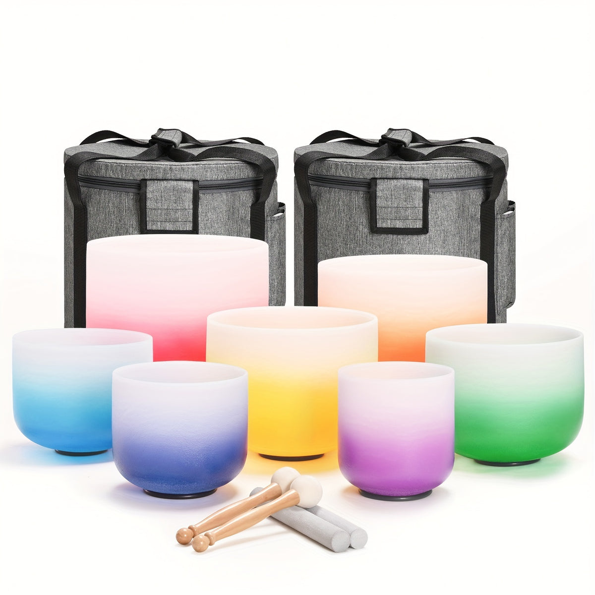 432Hz 7pcs Set Of 6-12 Inch Aria Gradient Design Frosted Quartz Crystal Singing Bowls with Free 2pcs Travel Carry Case Bag.