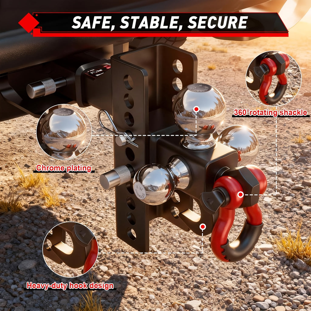 Adjustable Heavy-Duty Trailer Hitch Tri-Ball Mount: Fits 2" Receiver, 4-1/2" Rise/Drop, Includes 1-7/8" & 2" & 2-5/16" Balls, With Tow Hook & Swivel Shackle, Secure Hitch With Locks & Pin