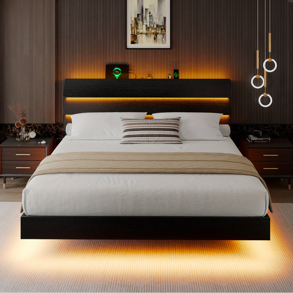 Valnase Floating Bed Frame with LED Lights & Charging Station, Platform Bed with Wooden Storage Headboard, Steel Slats Support, Easy Assembly