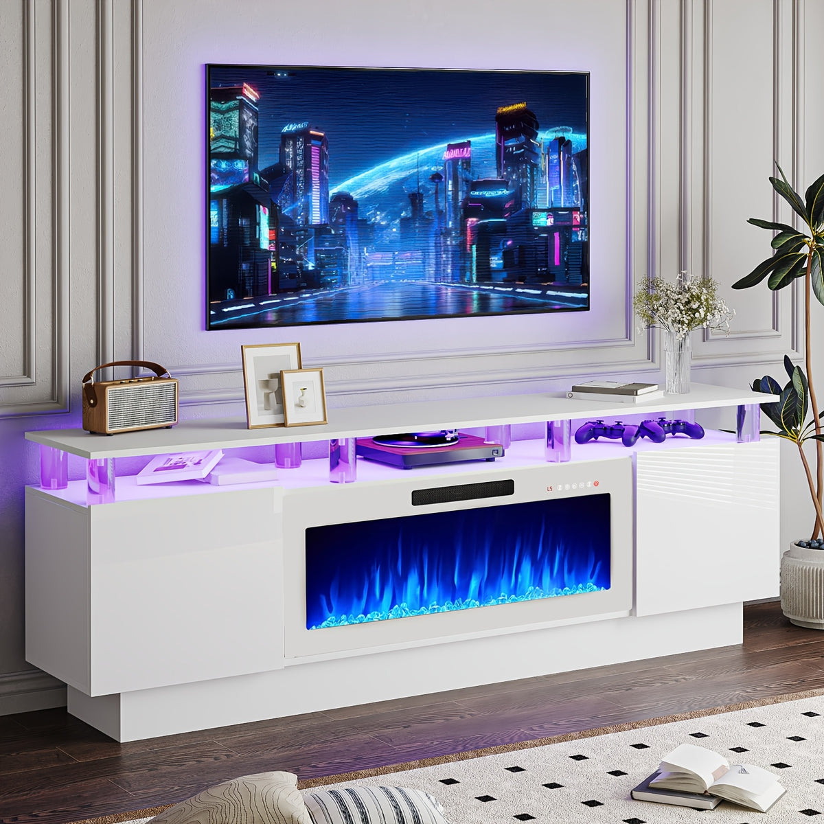 Fireplace TV Stand with 36-Inch Electric Fireplace, 70-Inch LED Light Entertainment Center with High Gloss Cabinet, 2-Tier Modern Wood Media TV Console for Living Room