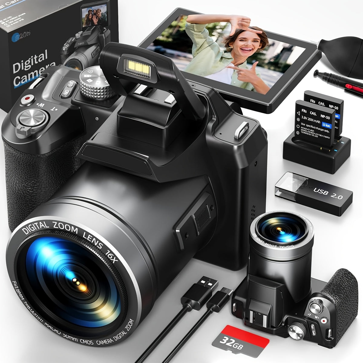 NBD 64MP Digital Camera Designed for Photography And Videography, Featuring a 4K Vlogging Capability with a 3-Inch Flip Screen, 16X Digital Zoom, Wifi And Autofocus, Along with a Camera Strap, Tripod, Two Batteries, And a 32GB TF Card