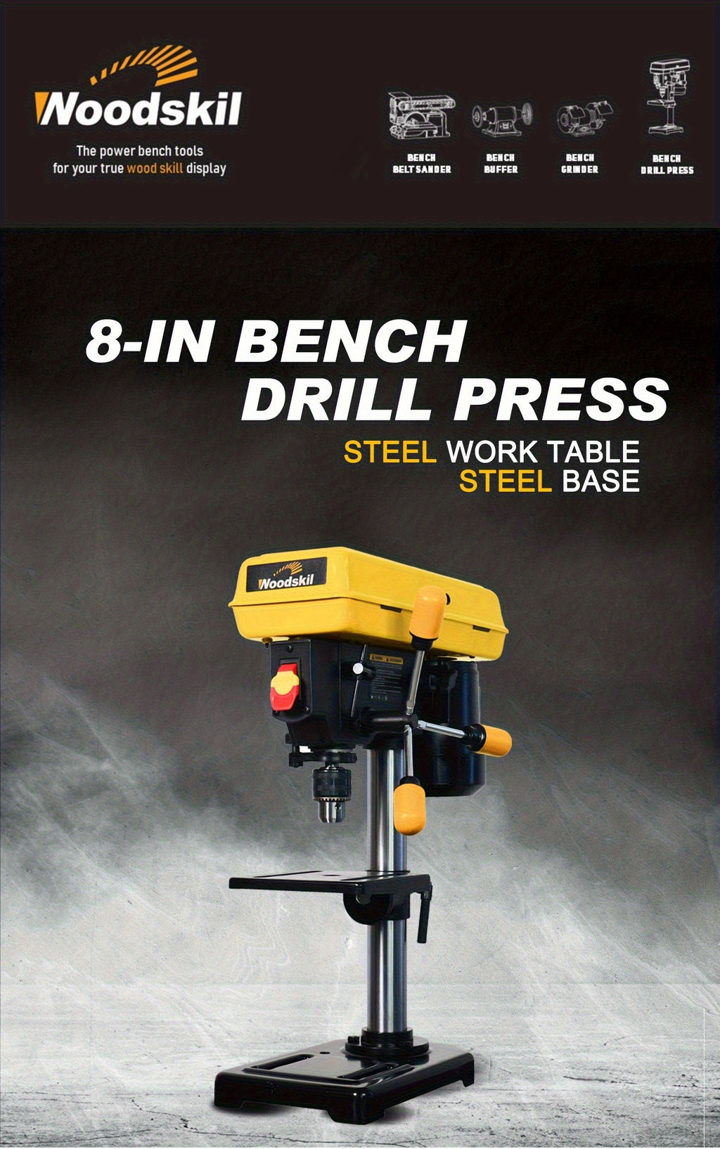 8 Inch Drill Press, 2.3 Amp 5-Speed Bench Drill Press With Steel Worktable | Corded, 120V, Plug Powered, Metal Construction, Includes Attachment - WOODSKIL