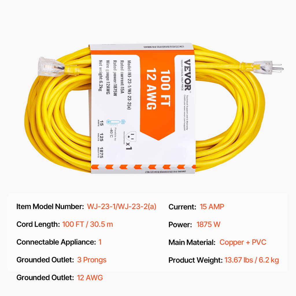 VEVOR 100FT Heavy Duty Extension Cord 16/12AWG 10/15A 1250W/1875W 3 Prongs with Lighted End