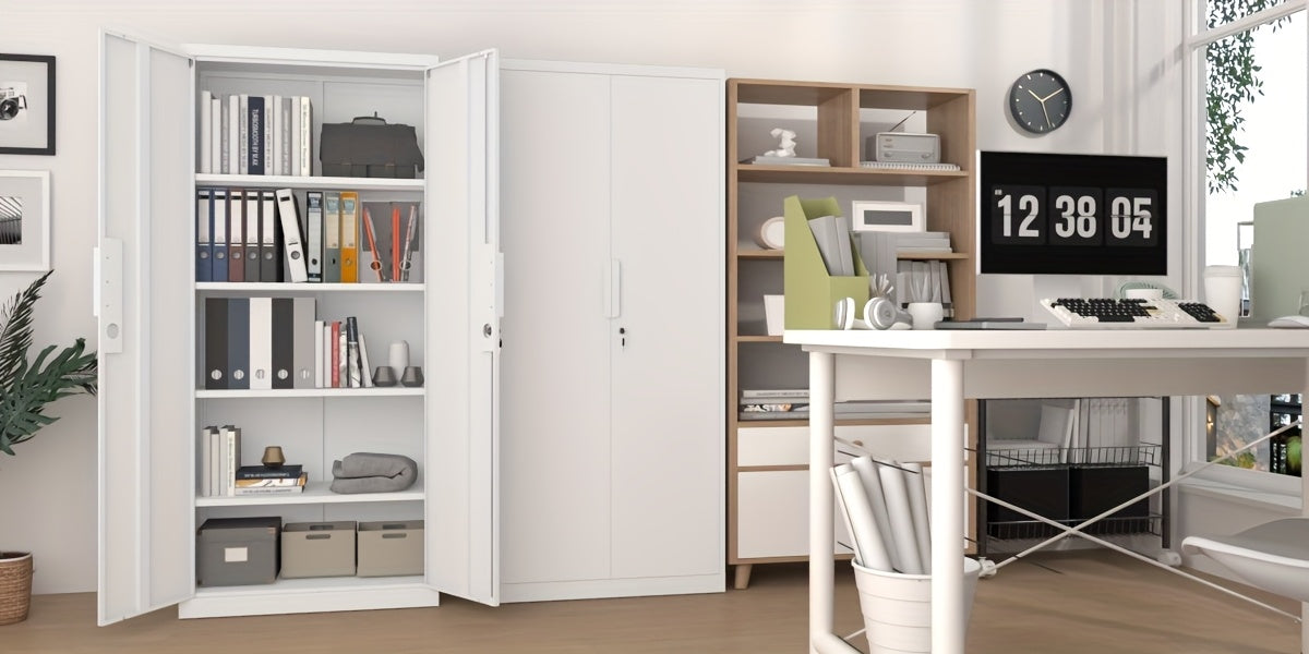 [Metal Storage Cabinet] 71"/72" Office Storage Lockers Metal Garage Storage Cabinet, Steel Locking Storage Cabinet With 2 Doors And 4 Adjustable Shelves For Home Office, Heavy Duty Metal Storage Cabinet For Warehouse, Kitchen, Garage, Black/White