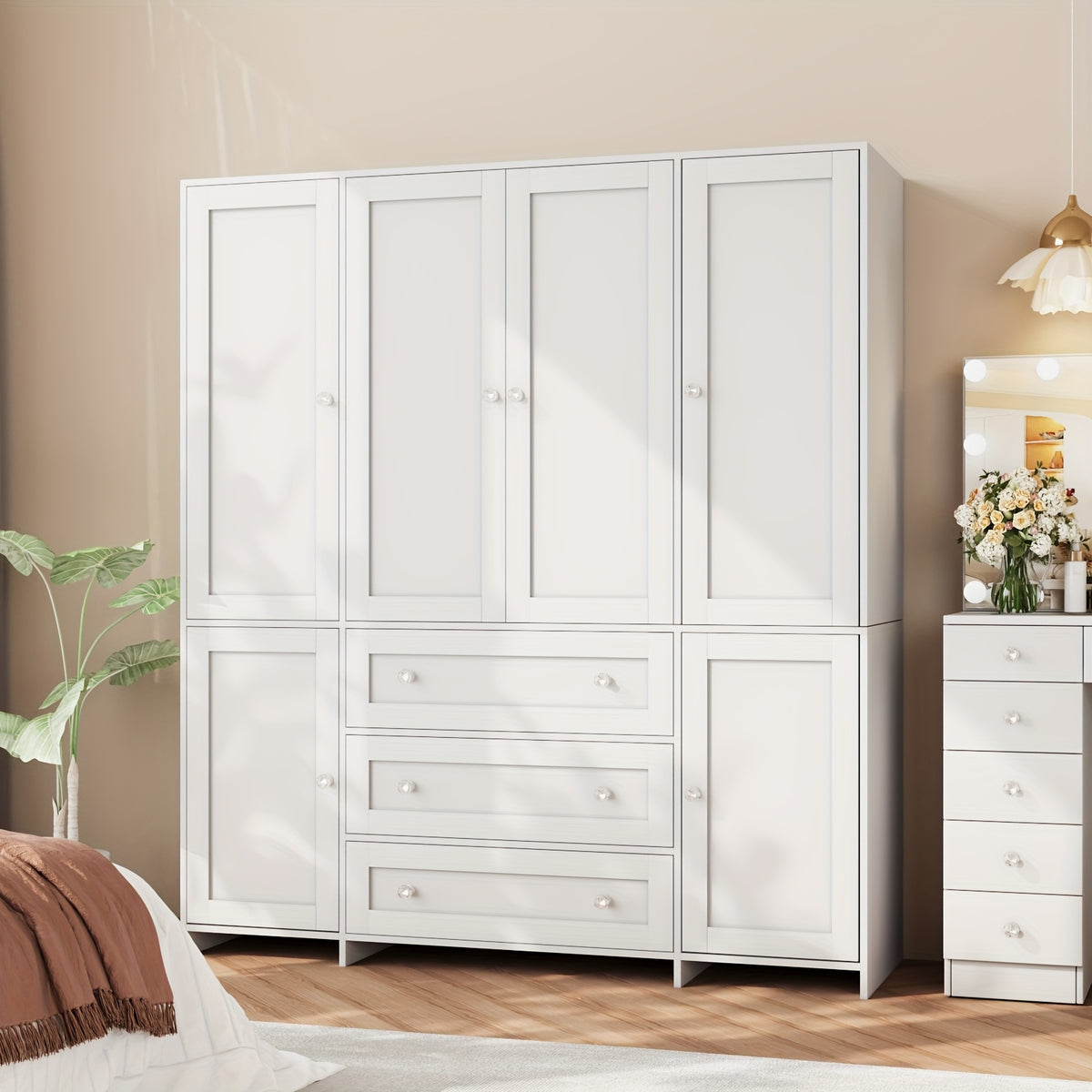 31.5" /47.3"/63" Wardrobe Armoire Closet with Mirror & Hanging Rod, Large Drawers & 2/3/4 Doors