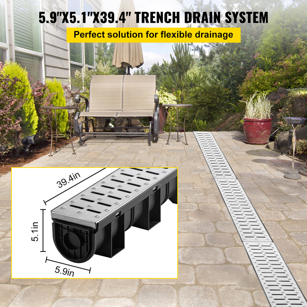 VEVOR Drainage System with Metal Grate, 5.9x5.1-Inch HDPE Channel for Garage Floors, Black Plastic Trench with End Caps, 3x39 Grate - 3 Pack
