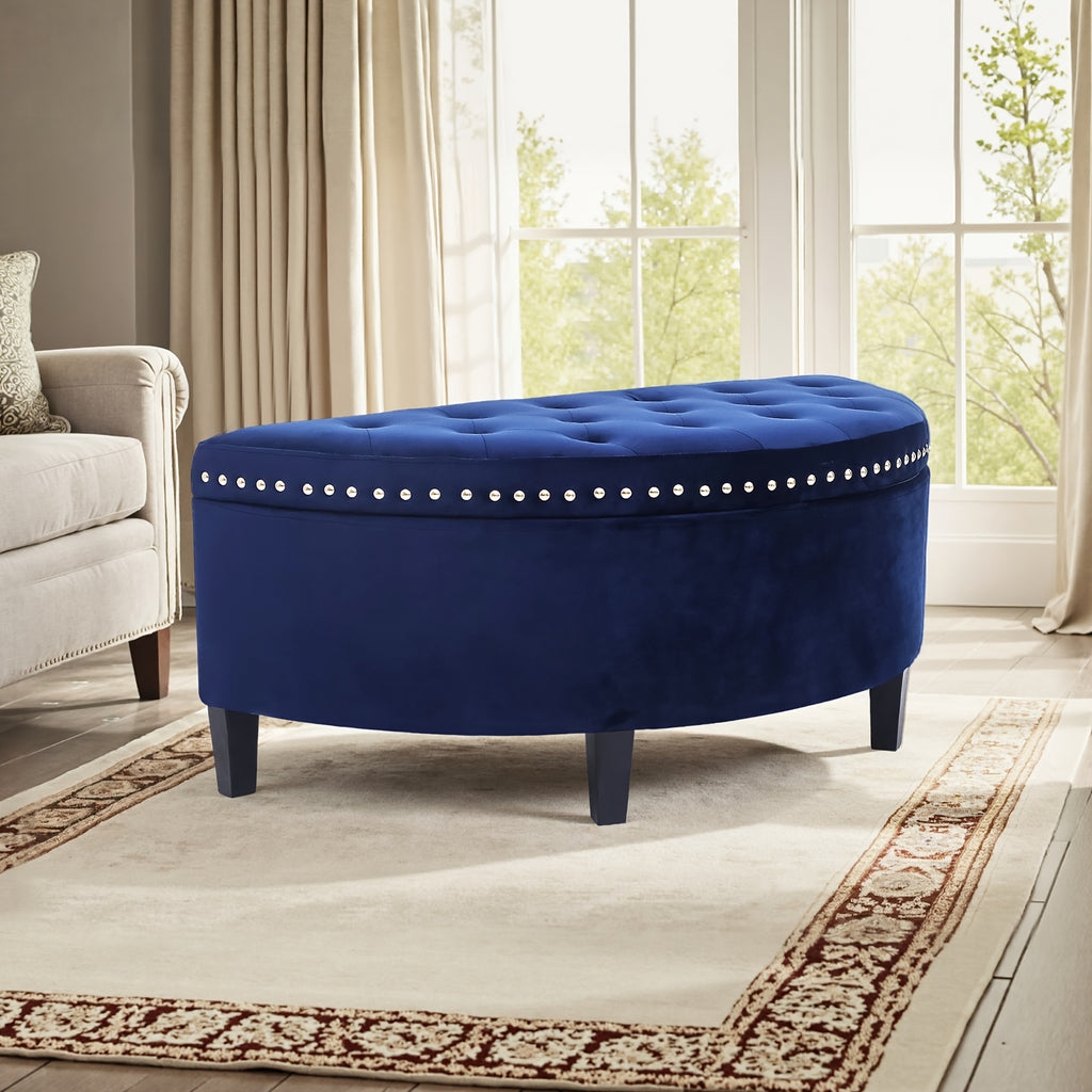 43.5" Velvet Storage Bench with Button Tufting Rivet Details Half Moon Ottoman for Living Room, Bedroom, Or Entryway Sturdy Hardwood Frame, Hidden Storage, Elegant Design, Living Room Seating Elegant Velvet Bench Velvet Upholstery, Bench for Bedroom