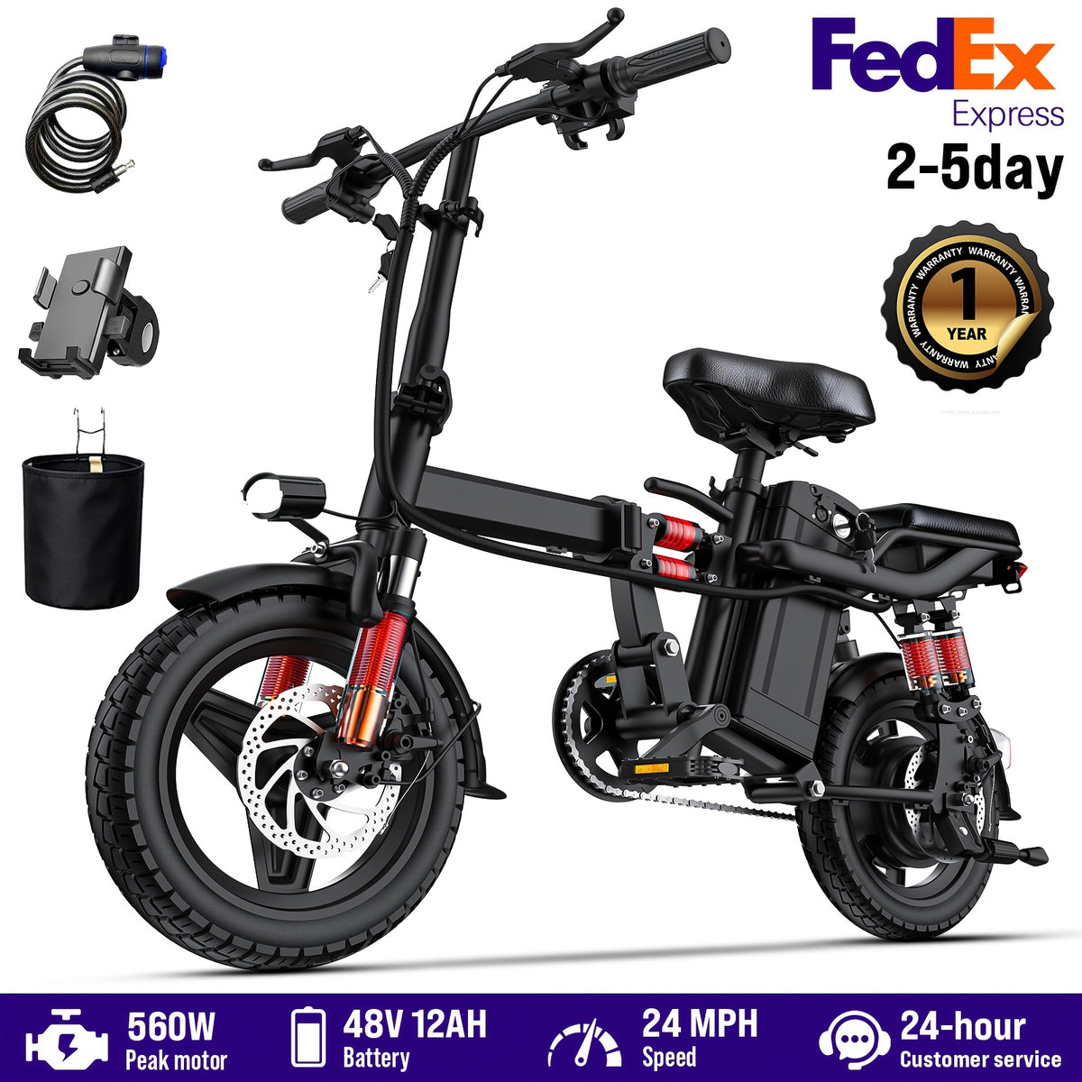 Folding Electric Bike, 560W Motor, 18-24MPH Top Speed, 48V 7.8-12AH Battery, 25-30 Miles Pedal-Assisted Range, 500LBS Max Load Capacity, Ideal for Daily Commuting And Outdoor Trips