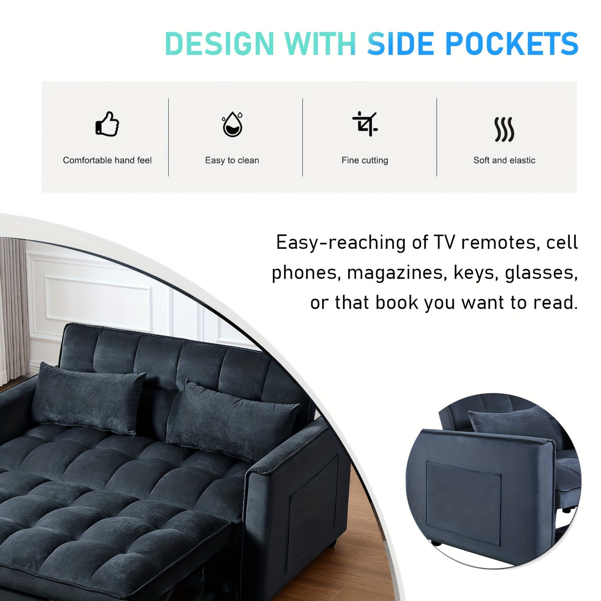 54Inch Black Velvet 3 in 1 Convertible Sleeper Sofa Bed, Futon Couches for Living Room with Side Pocket | Adjustable Backrest | Velvet Fabric | Pull Out Couch | Love-Seat Sofa | Sectional Sofa Bed | 2-Seat Sofa Bed