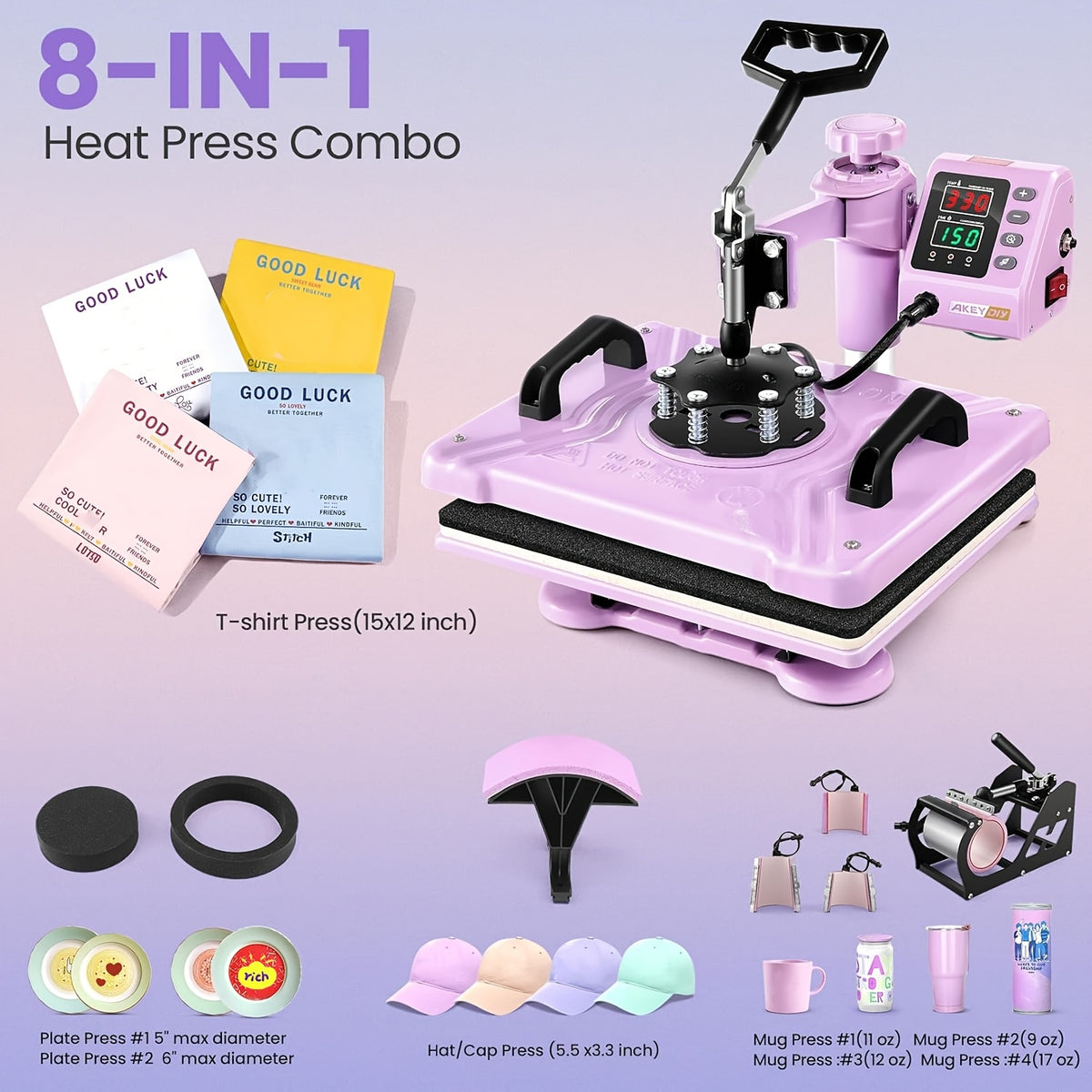 8-In-1 Heat Press 15X12 Inch Combo Digital Multifunctional Sublimation Heat Transfer Machine, 360 Degree Rotary Swing Printing Sublimation Heat Press, Suitable for T-Shirts Hats Mugs Plates