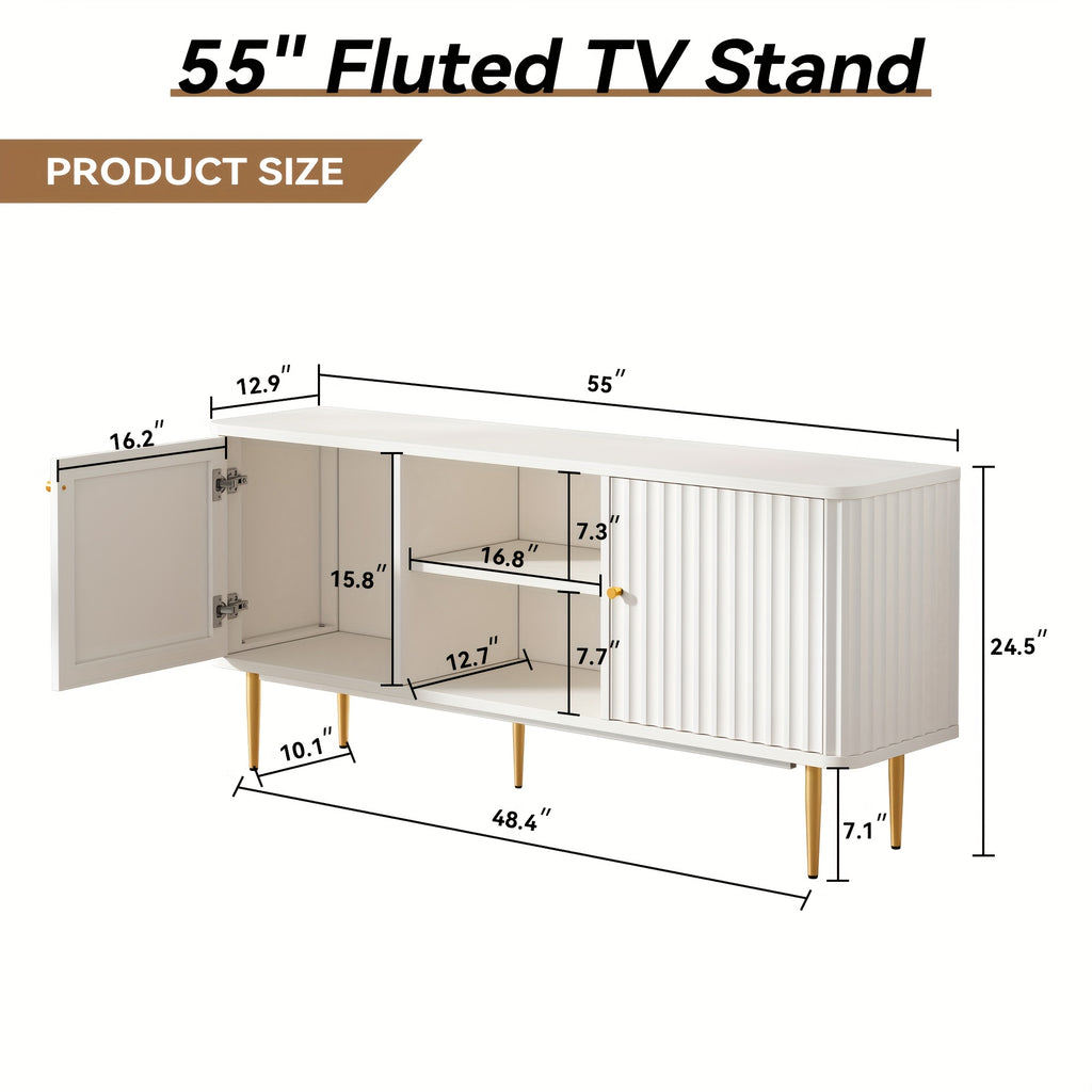 Mid Century Modern TV Stand For 55/60/65 Inch TV, 55" Fluted TV Stand, Entertainment Center With Storage, Television Stands, TV Console, Media Console For Living Room, Bedroom