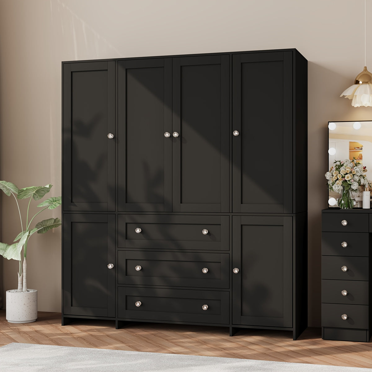 31.5" /47.3"/63" Wardrobe Armoire Closet with Mirror & Hanging Rod, Large Drawers & 2/3/4 Doors