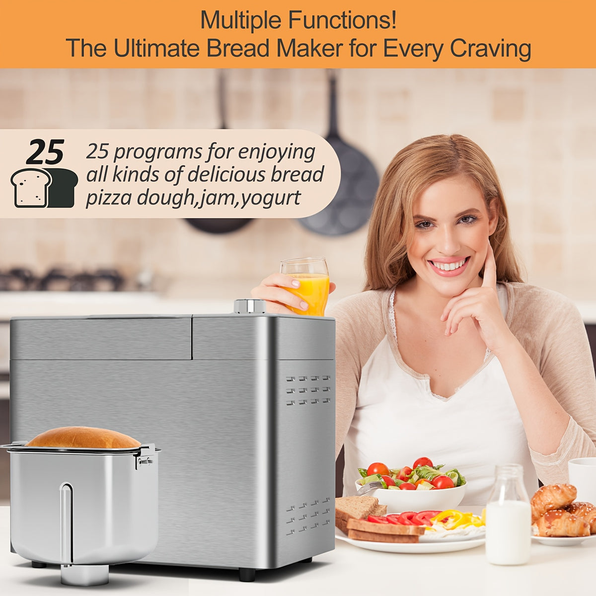 25-in-1 Bread Maker, 2LB Bread Machine With Auto Fruit/Nut Dispenser, Gluten-Free Setting, 3 Loaf Sizes& 3 Crust Colors, Keep Warm&13H Delay Timer, Digital Display, Stainless Steel