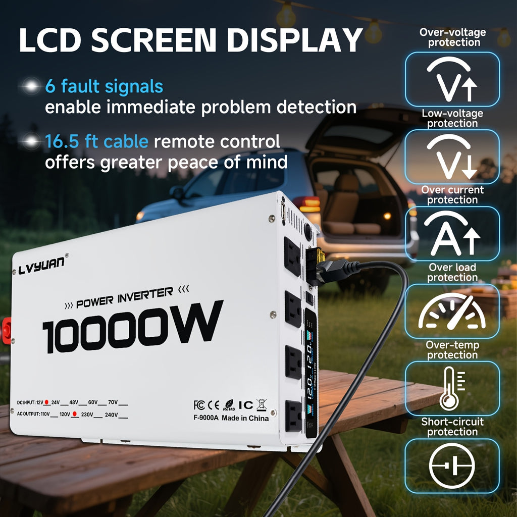 LVYUAN Power Inverter, 10, 000 W (Peak), 12V DC to 110V/120V AC Converter, Suitable for Homes, Rvs, Boats, Off-Grid Solar Systems, And Vehicles. Features USB Charging Ports, 4 AC Power Outlets, Dual USB Ports, an LCD Display, And A Remote Control