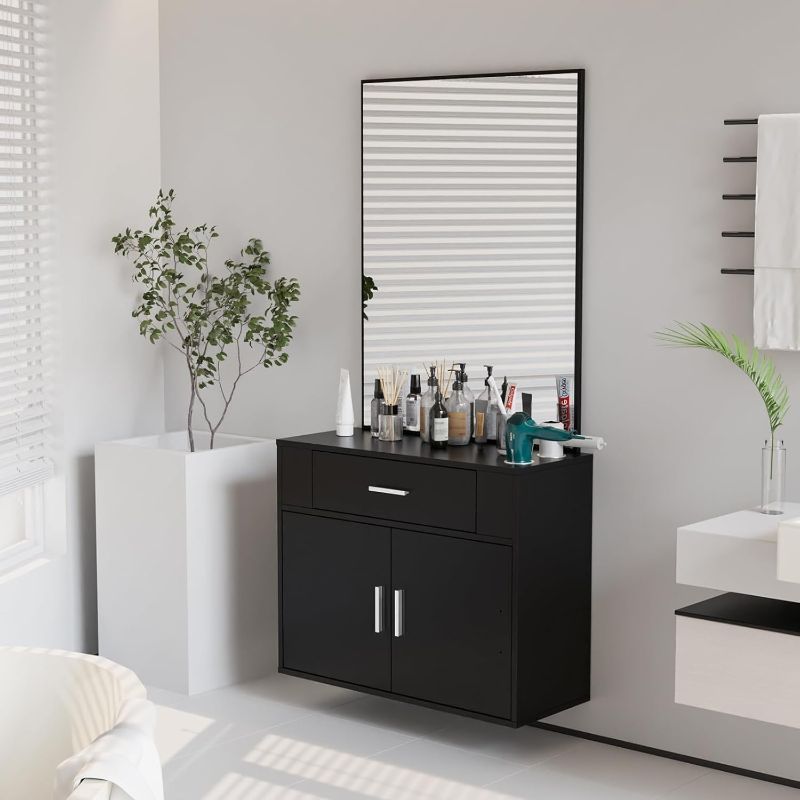 OmySalon Wall Mount Salon Station with Mirror, Hair Styling Barber Station, Beauty Salon Spa Equipment with 1 Drawer, 1 Storage Cabinet, 2 Hair Dryer Holders, Black