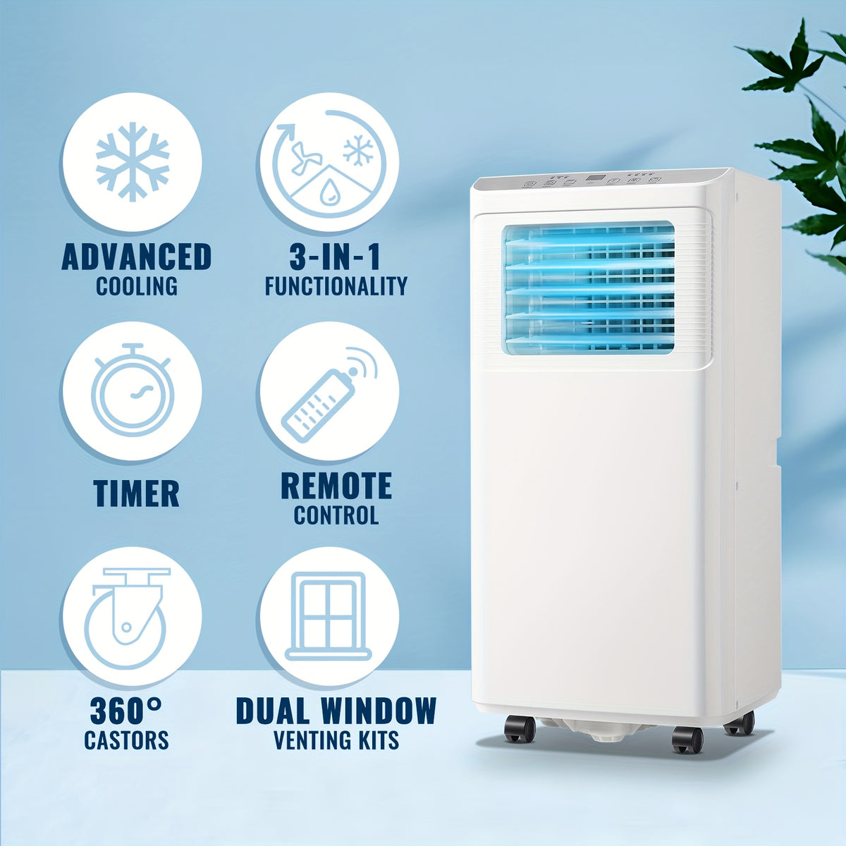 Portable Air Conditioner 8000 BTU, Remote Control, Fan Mode, Cools 250sq. Ft, 24 Hour Timer, Quiet Operation, 2 Fan Speed for Bedroom Office Home Dorm