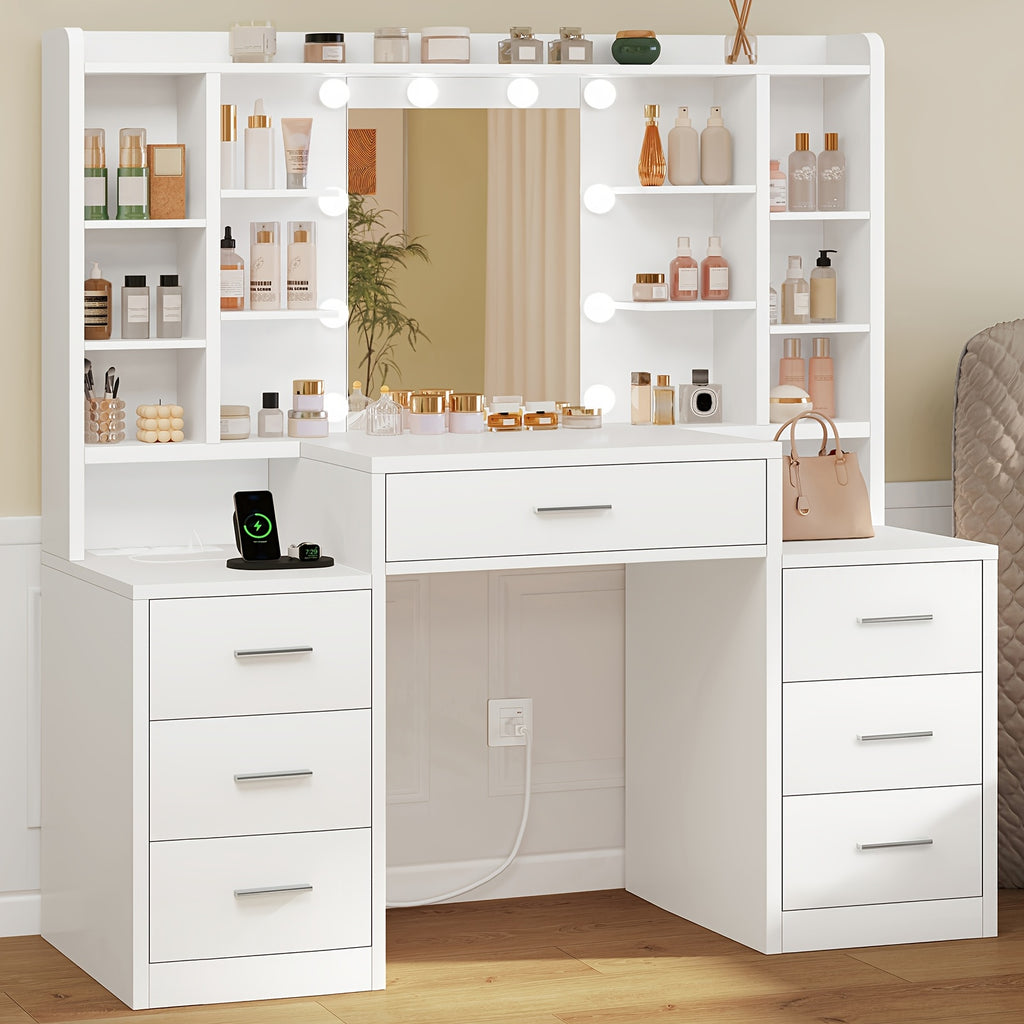 Makeup Vanity Table with LED Mirror | Vanity Desk with 7 Drawers and 8 Storage Shelves, Classic Finish, Bedroom Use
