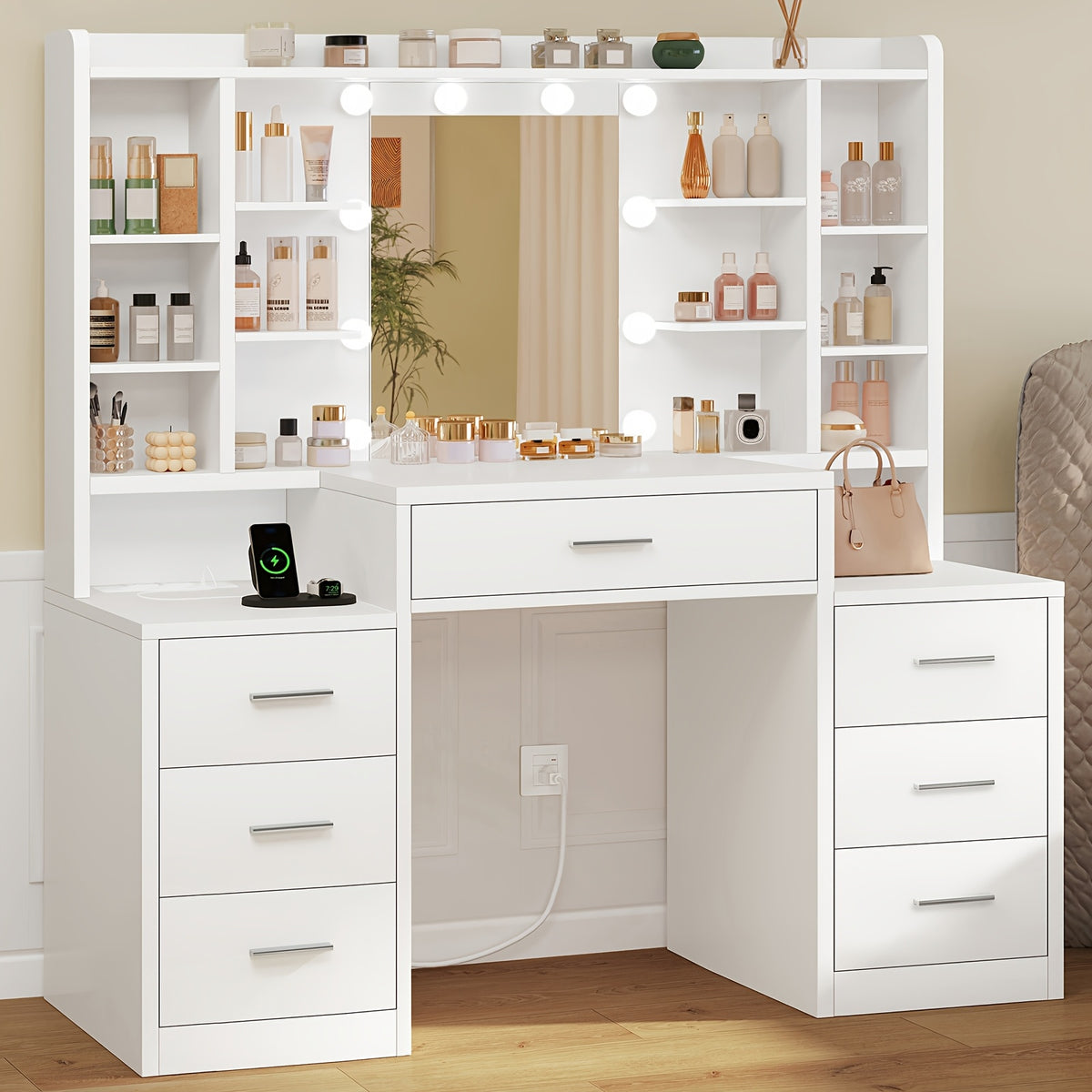Makeup Vanity Table with LED Mirror | Vanity Desk with 7 Drawers and 8 Storage Shelves, Classic Finish, Bedroom Use