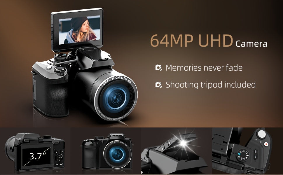 NBD 64MP Digital Camera Designed for Photography And Videography, Featuring a 4K Vlogging Capability with a 3-Inch Flip Screen, 16X Digital Zoom, Wifi And Autofocus, Along with a Camera Strap, Tripod, Two Batteries, And a 32GB TF Card