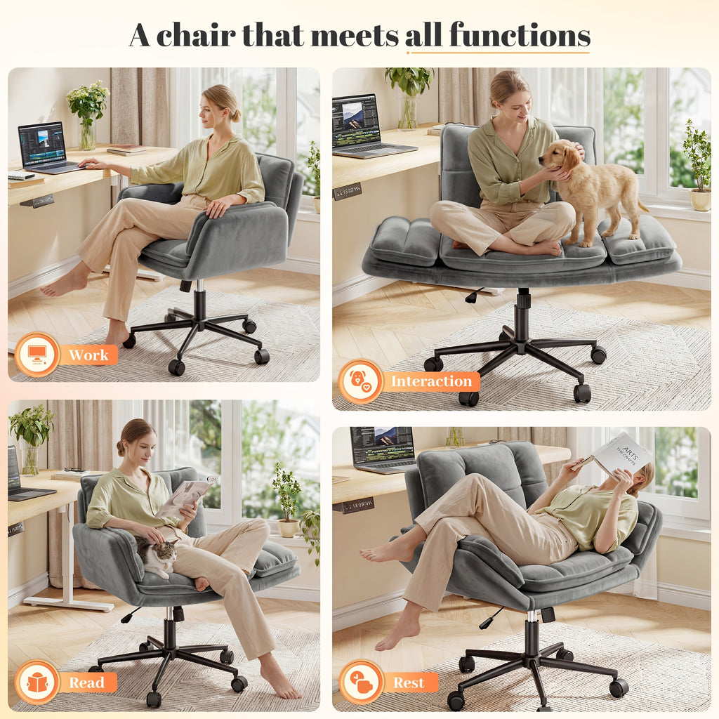 Modern Office Crossover Wheelchair, Luxurious Plush Vanity Chair with Wheels, Adjustable Armrests, Ergonomic Office Chair Suitable for Bedrooms, Computer Makeup Rooms, And Offices, Available in White, Black, Pink, And Gray, Stable And Durable