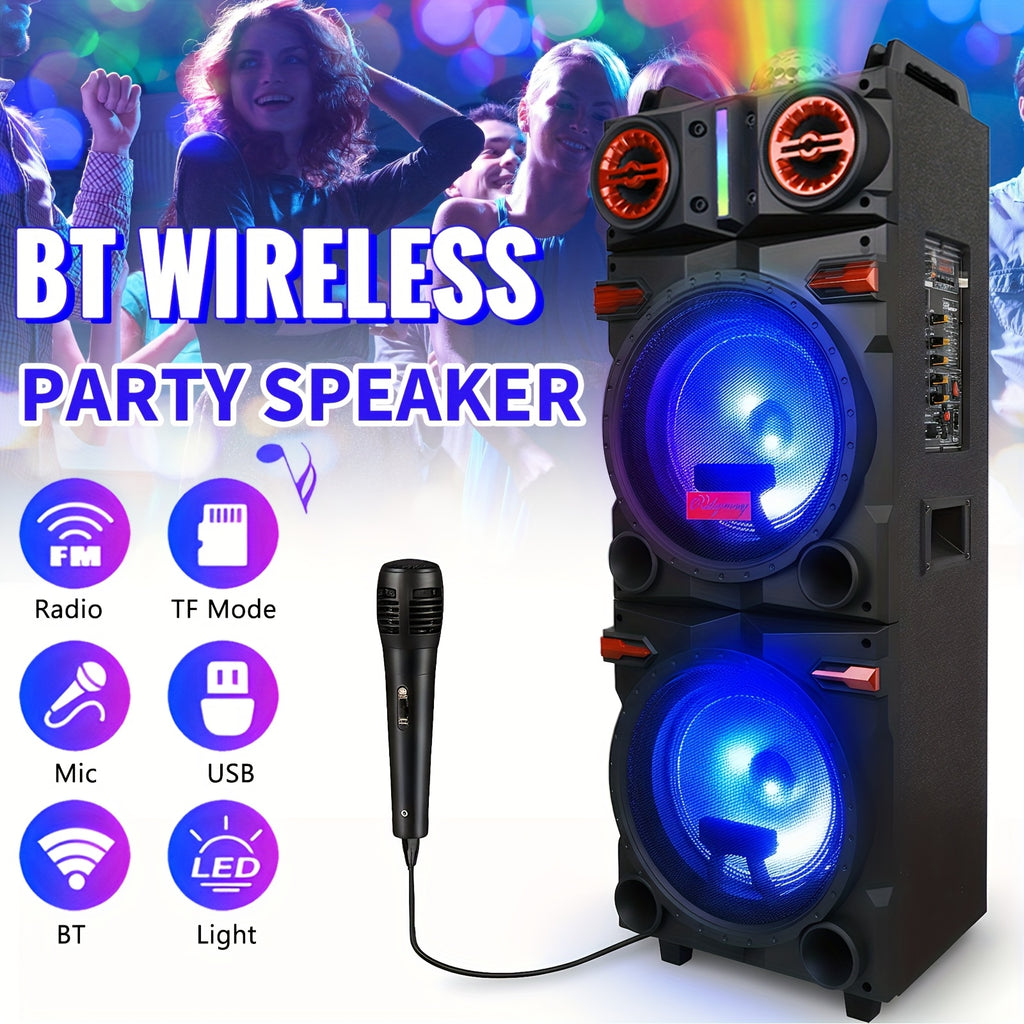 10" Dual Speaker System Built In BT for Wireless Connection, LED Party Lights, FM Radio, AUX/Microphone Inputs - Portable PA System for Parties, Karaoke, DJ (Includes Wired Mic)