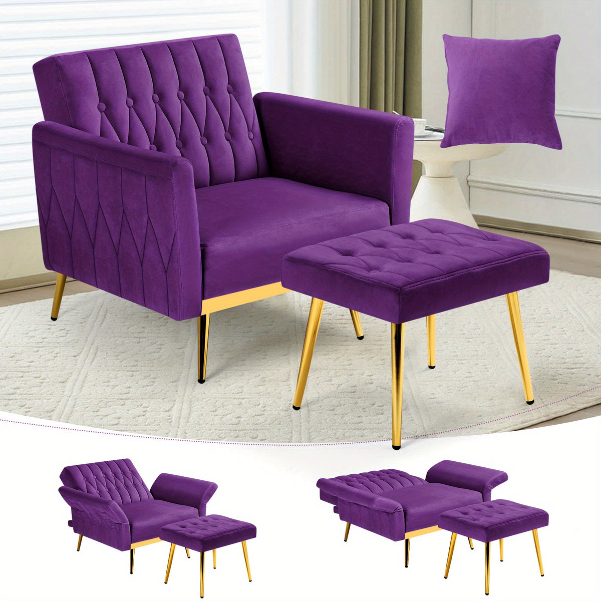 ACMEASE 31.5 Inch Velvet Adjustable Accent Chair with Ottoman & Pillow, Tufted Single Sofa Chair with Golden Metal Legs for Living Room