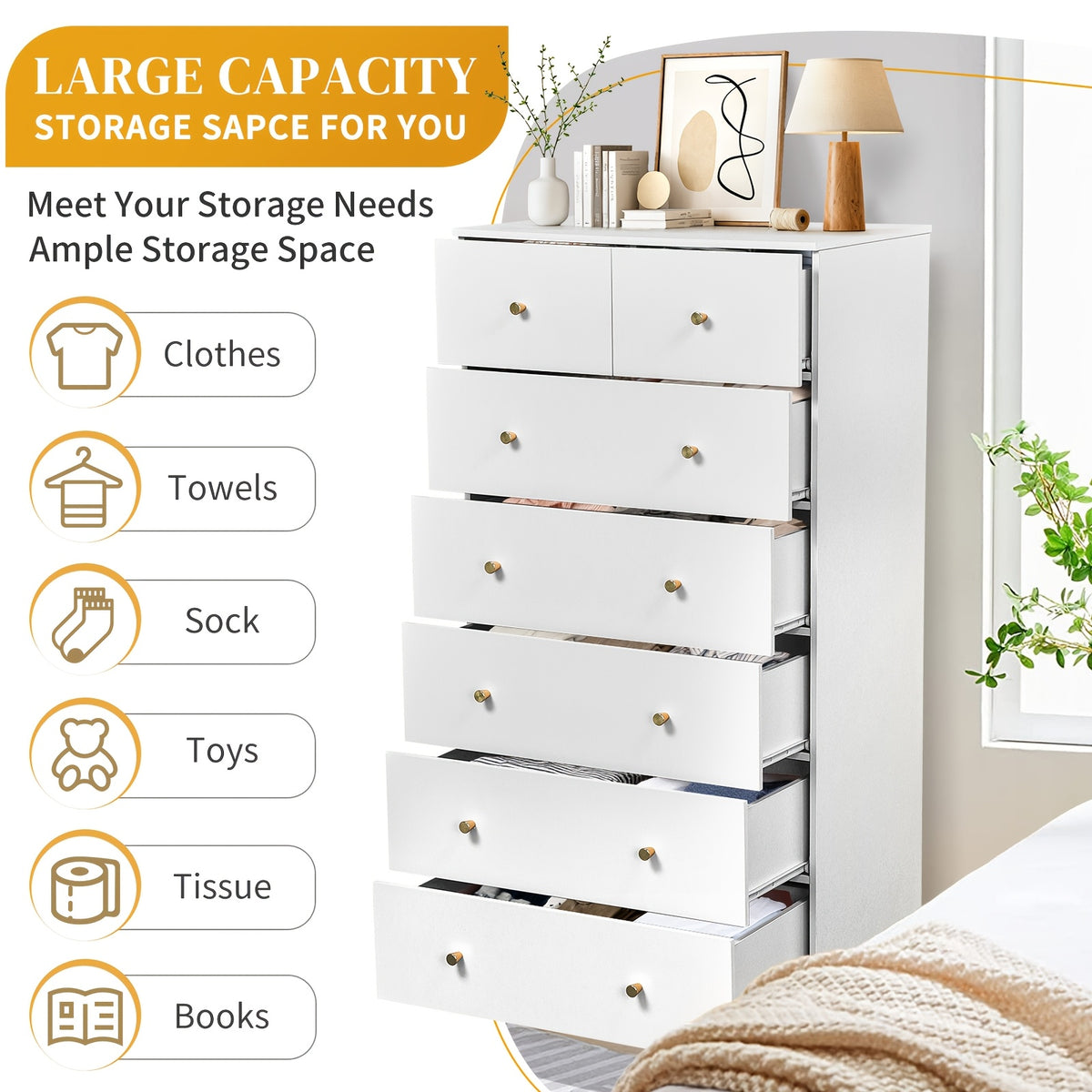 Bonnlo Dresser Featuring Seven Drawers, Wooden Chest of Drawers, Contemporary Storage Organizer Nightstand for The Bedroom