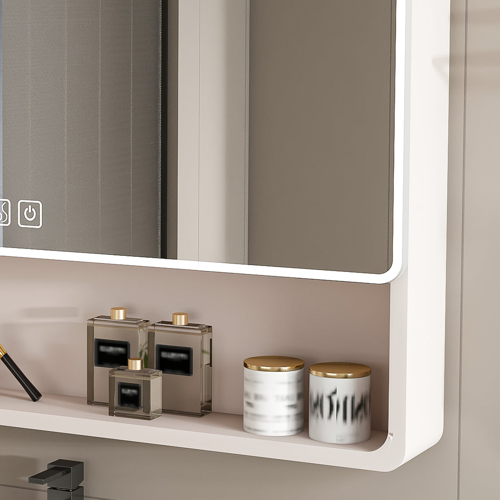 Legend Stone 35"x 28" Aluminum Bathroom Mirror Cabinet with Smart LED Lighting And Defogging, Wall-Mounted Vanity Mirror with Cosmetic Storage Rack And Hair Dryer Holder, Khaki