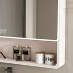 Legend Stone 35"x 28" Aluminum Bathroom Mirror Cabinet with Smart LED Lighting And Defogging, Wall-Mounted Vanity Mirror with Cosmetic Storage Rack And Hair Dryer Holder, Khaki