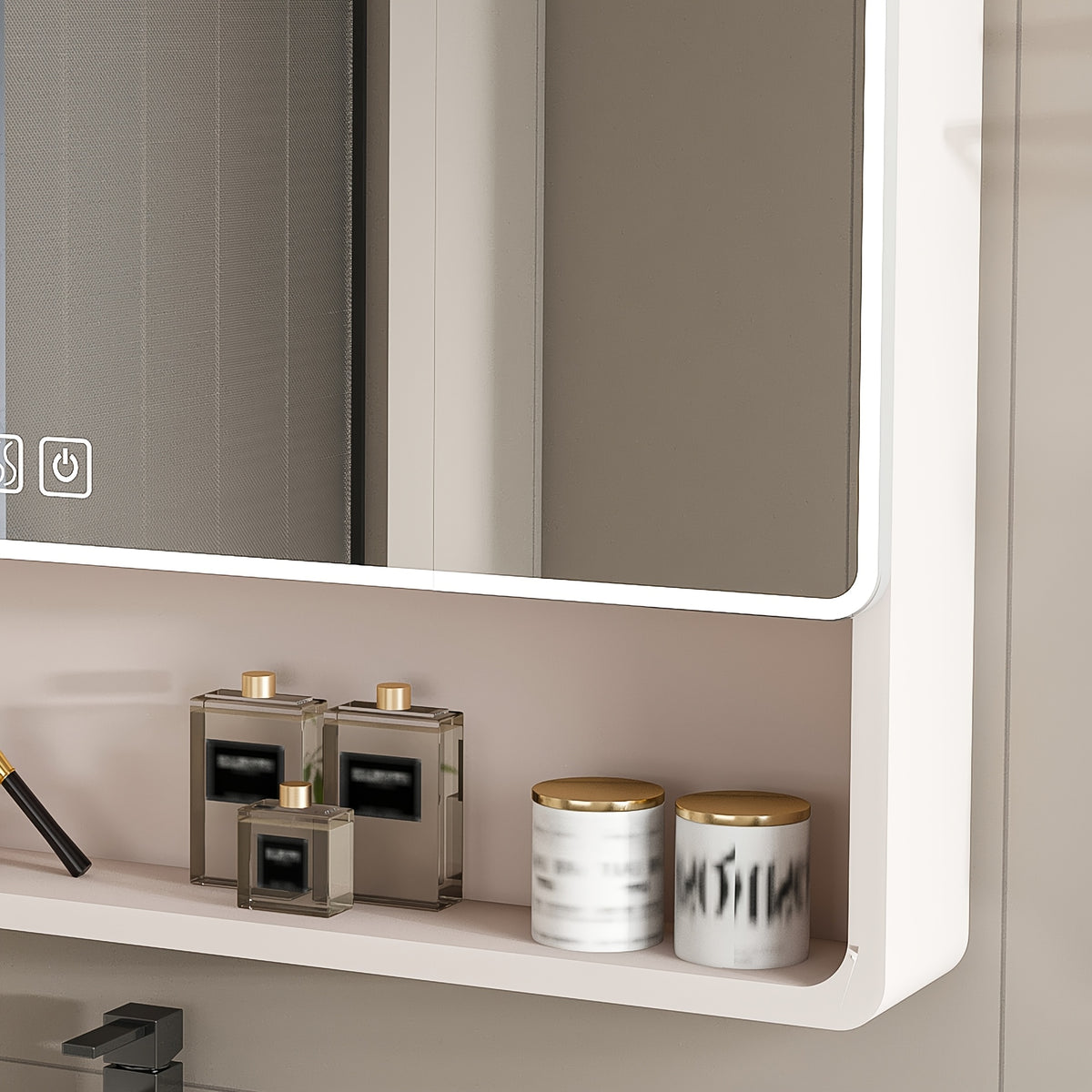 Legend Stone 35"x 28" Aluminum Bathroom Mirror Cabinet with Smart LED Lighting And Defogging, Wall-Mounted Vanity Mirror with Cosmetic Storage Rack And Hair Dryer Holder, Khaki