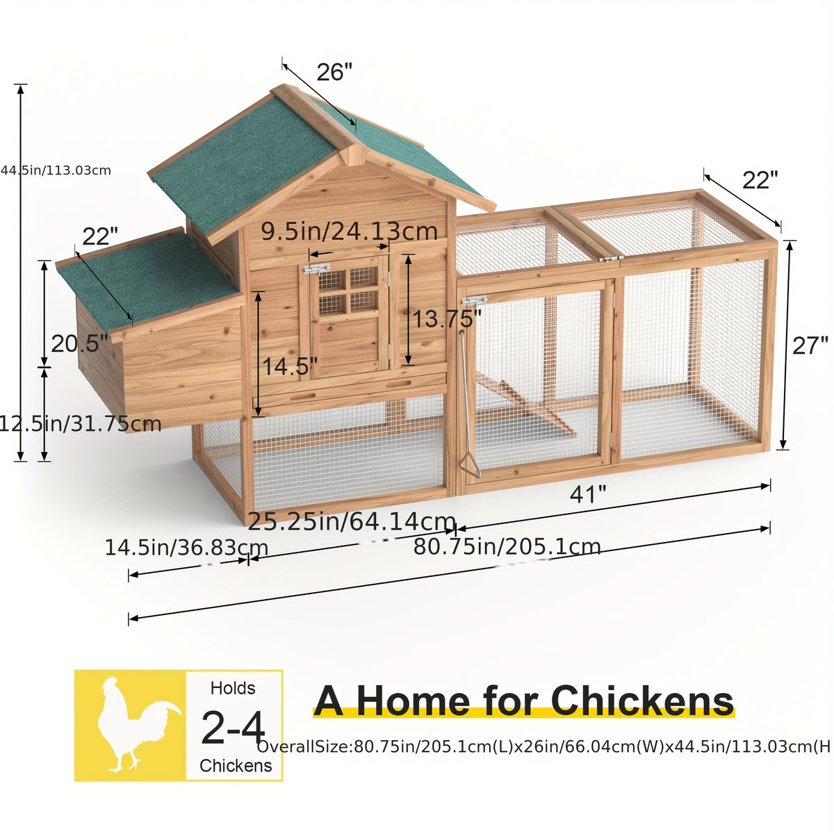 GOJOOASIS 80" Chicken Coop For 2-4 Chickens Outdoor Wooden Hen House Poultry Pet Hutch For Backyard W/Run Cage & Nesting Box, Without Battery
