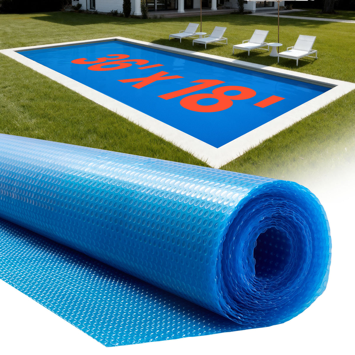 VEVOR Solar Pool Cover, 36 x 16 ft / 36 x 18 ft Rectangle Pool Bubble Cover, 12 Mil / 8 Mil Pools Solar Blanket with Bubble & PE Material, Daytime Heat Absorption, Nighttime Heat Retention, Heat Retaining Solars Covers, Blue
