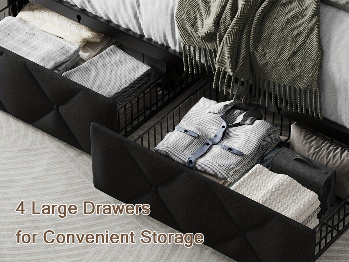 Halence 4 Drawers Storage Bed Frame With Wingback Headboard, Headboard With Built-in Charging Design, Metal And Hardwood Support, Easy Assembly, Suitable For Master Bedroom, Bed Frame Without Mattress