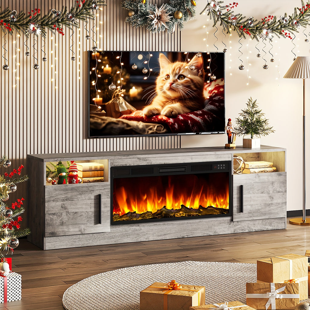 Fireplace TV Stand Entertainment Center with 36" Fireplace, Media TV Console with High Gloss Storage Cabinet And 16 Colors LED Lights, 70" Wooden TV Stand for TVs Up to 80"