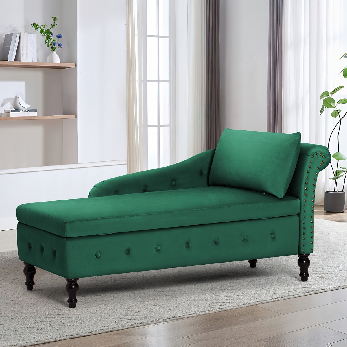 ACMEASE 57" Velvet Upholstered Storage Chaise Lounge With Pillow, Nailhead Trim Chaise Sofa For Living Room