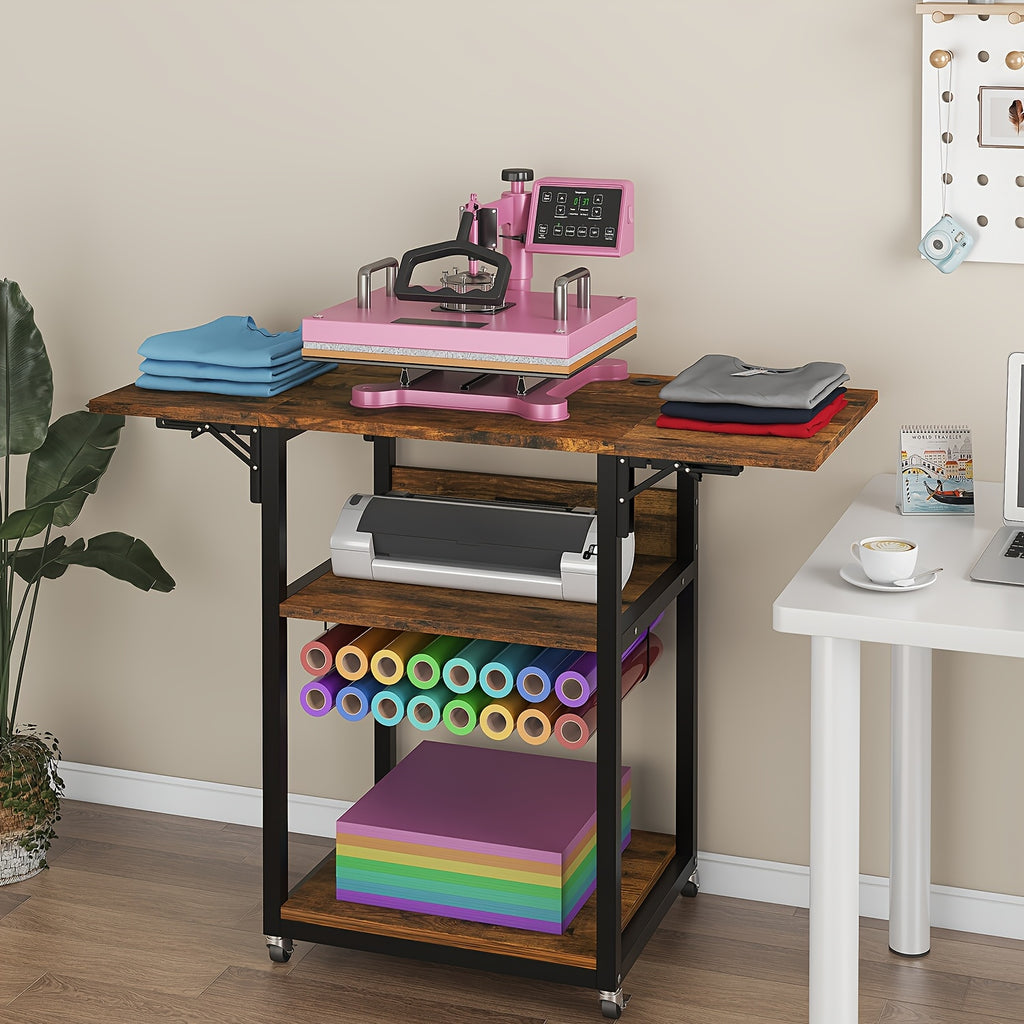 Foldable Heat Press Table, 3 Tier Movable Heat Press Stand With Vinyl Roll Holder, Heavy Duty Metal Shelf Cart For DIY Sublimation Transfer Machine And Printer, Brown