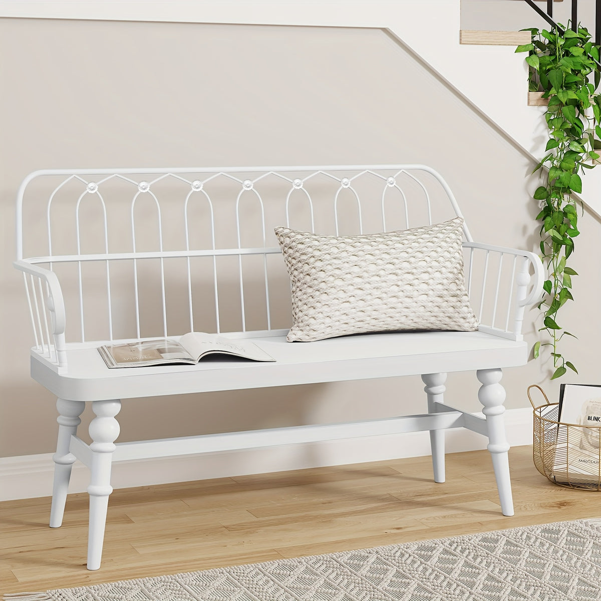 Entryway Bench, Spindle Back Wooden Dinning Bench, Farmhouse Foyer Bench for Entryway, Living Room, Dinning Room, Mudroom, HLR