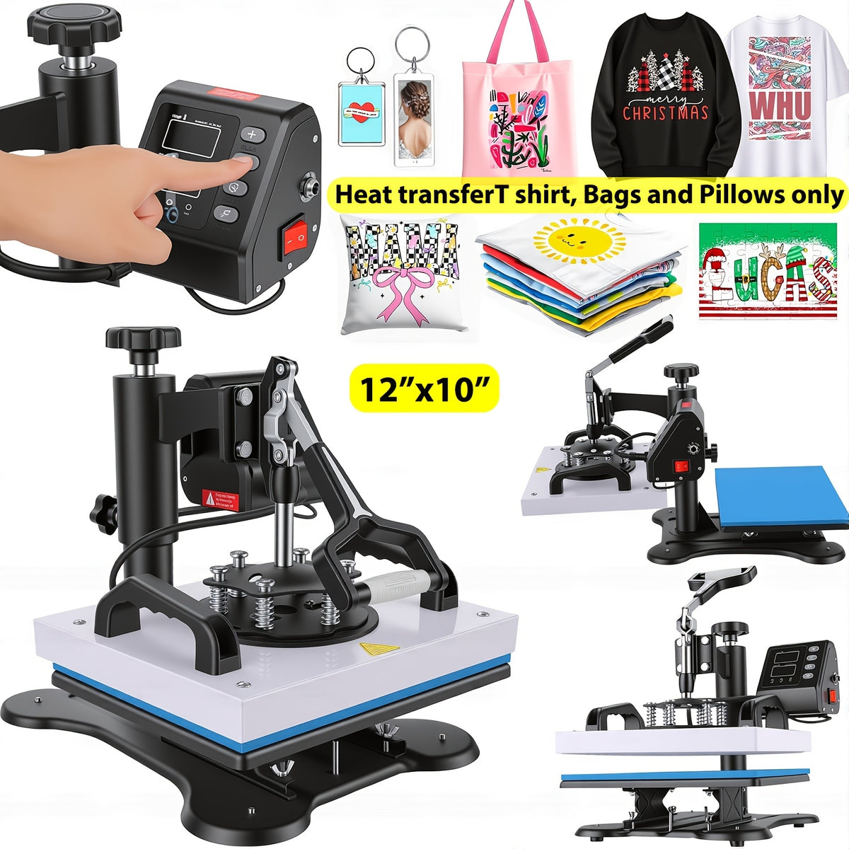 11pcs 8-in-1 - 15"x15"/12"x15" Heat Press Set for T-Shirts, Bags, Pillows, Hats, Beanies, Roller - 12"x10" T-Shirt Machine(Weight 25.35 Lbs) & 15"x15" Auto Single-Workbench & 15"x15" Auto Dual-Workbench Heat Press Only for Cloth, Shirts, Canvas Bags