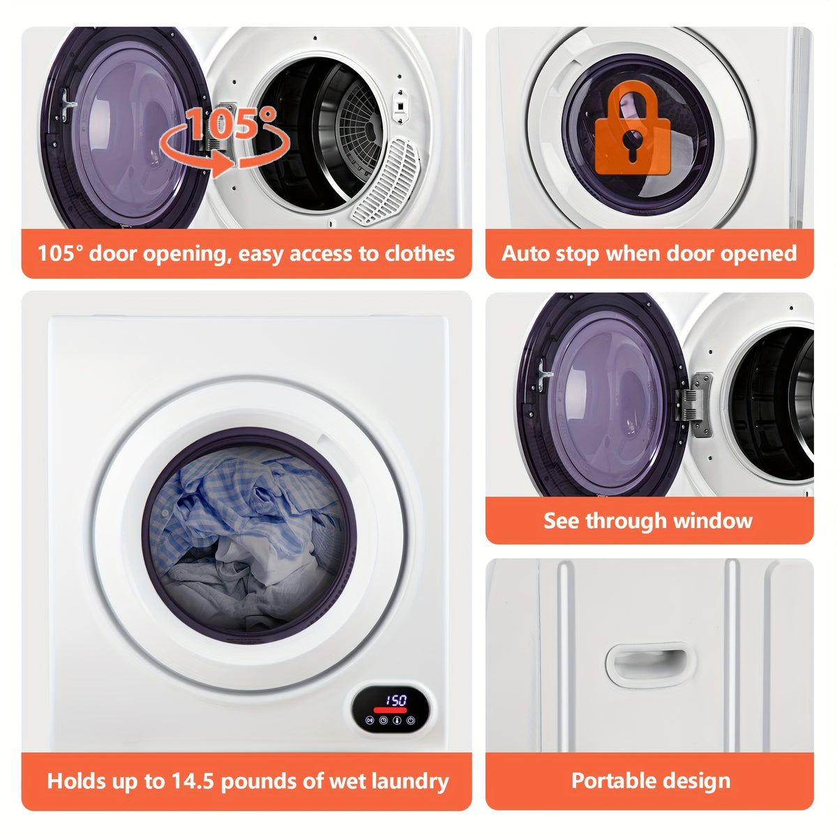 ICYGLEE 110V Portable Laundry Dryer with Stainless Steel Drum, Compact Electric Dryer 1.5/1.85 Cu.ft Front Load, Ideal for Apartments, RVs, And Dorms, White, User-friendly Controls