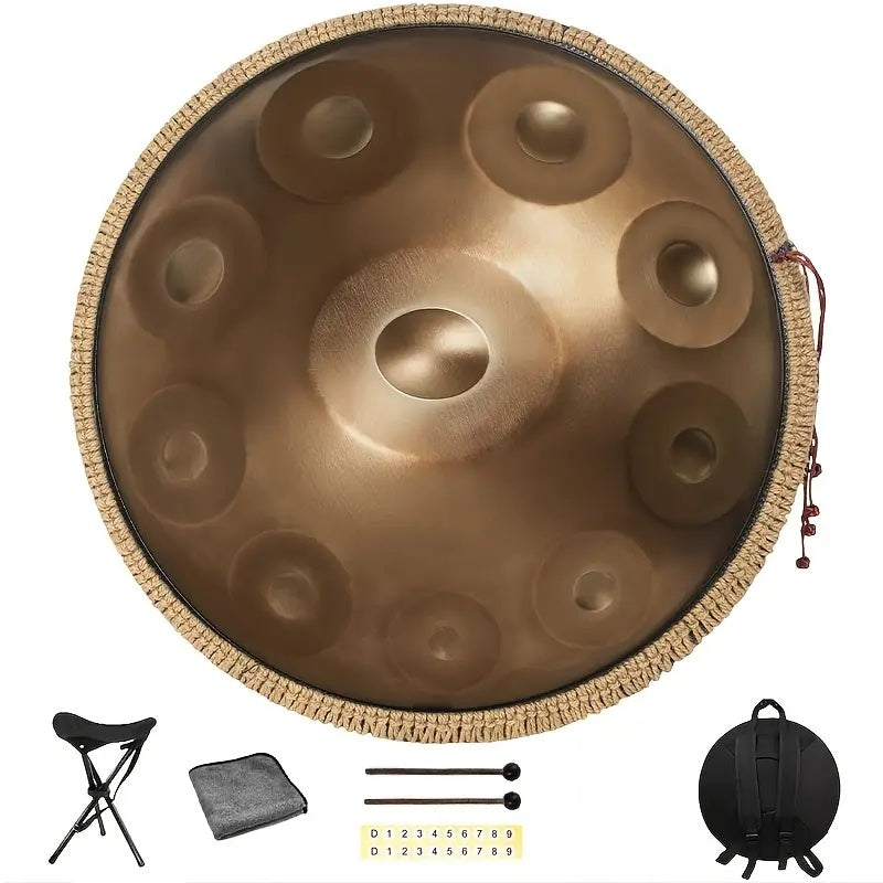 440Hz 22-Inch 10 Notes Handpan Drum Premium Steel Hand Drum For Adults, Golden Handpan Instrument For Meditation, Sleep Aid & Relaxation. A Complete Soothing Sound Healing Tool For Mindful Practice Gift Giving.