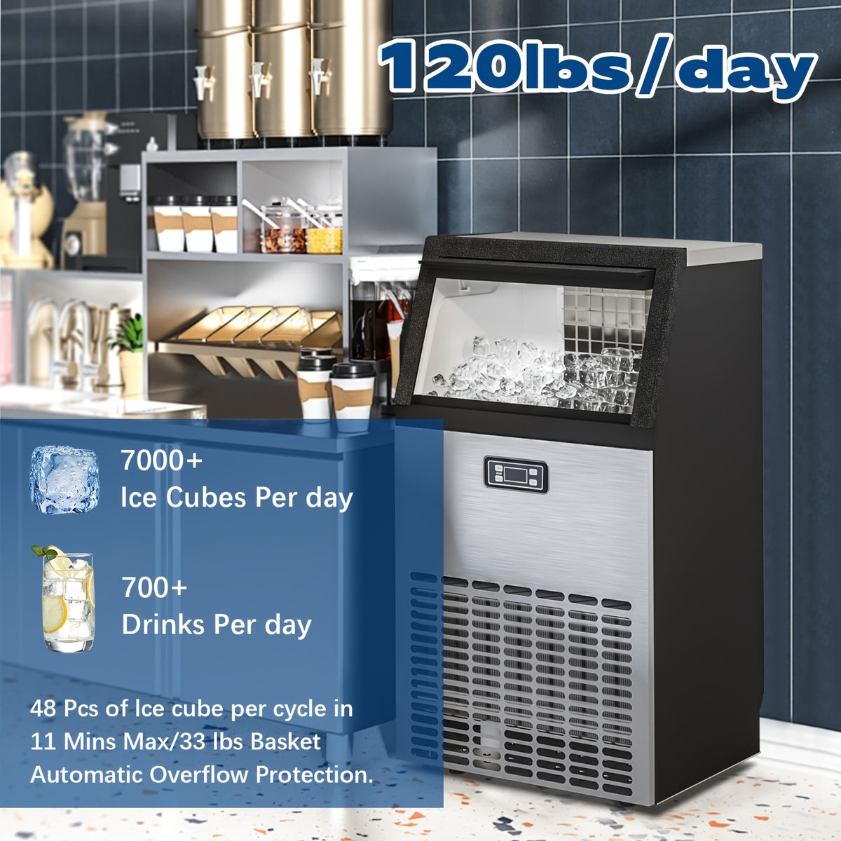 100/120 Lbs/24H Commercial Ice Maker, 48 Cubes/11mins, 33 Lbs Ice Storage Capacity, Counter Ice Maker Self Cleaning, 24 Hour Timer Stainless Steel Under Counter/Freestanding Ice Maker Machine