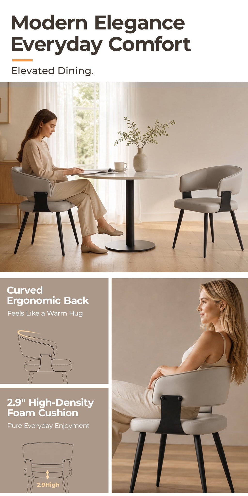 Modern Dining Chair Set of 2, Faux Leather Upholstered Kitchen Chairs with Curved Back And Metal Legs, Mid-Century Chairs for Dining Room, Kitchen